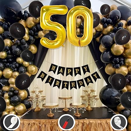 Mystic Toy Store 50th Birthday Decoration Items for Black and Gold Theme Combination for Boys Girls | 50 Pcs Black Gold Balloon