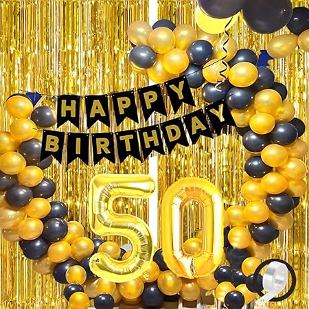 Flyloons 50th Birthday Decorations – Black & Gold Theme Party Set for Boys, Kids | Includes Happy Birthday Banner, Balloons & Golden Foil Curtain