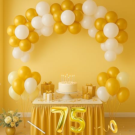 75th Gold White Balloon Decoration Kit 75 Year Old Girls Men Women Husband Wife Father Mother Adults Table with 30 Pcs Metallic Happy Birthday