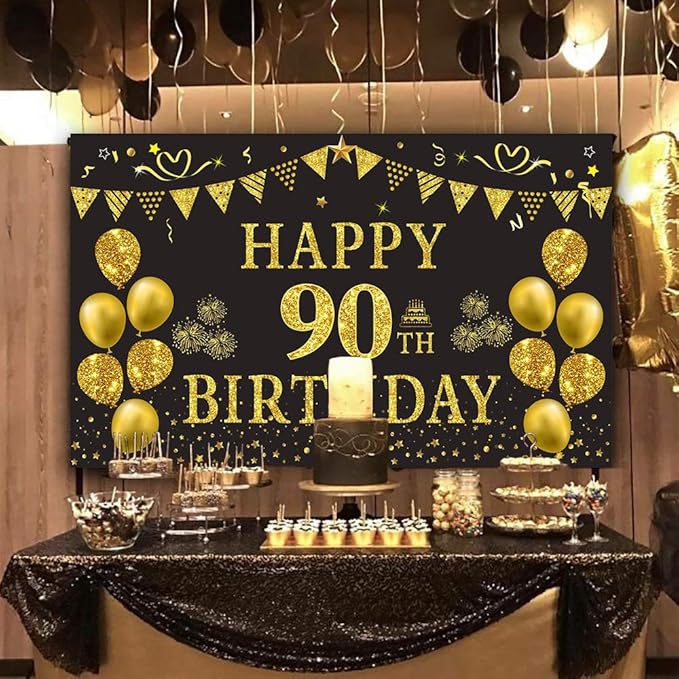Gold & Black Theme Celebrate 90 wonderful years in timeless elegance with our Gold and Black 90th Birthday Backdrop