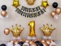 SpecialYou 1st Birthday Decoration Combo for Boys & Girls – Black, White & Metallic Rose Gold Balloons with Golden Number “1” and Star Foil Balloons