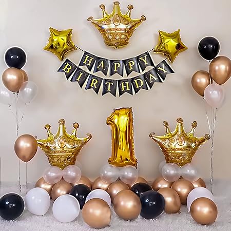 SpecialYou 1st Birthday Decoration Combo for Boys & Girls – Black, White & Metallic Rose Gold Balloons with Golden Number “1” and Star Foil Balloons