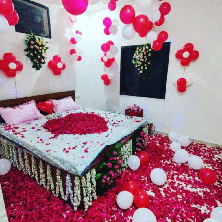Nuptial Night Room Decoration with Flowers, Balloons & Rose Petals