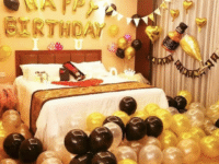 Golden Birthday Room Decoration with Balloons, Foil Banner & Rose Petals