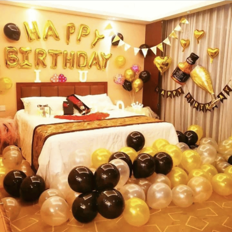 Golden Birthday Room Decoration with Balloons, Foil Banner & Rose Petals