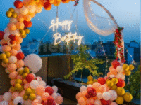 Multi-Colour Balloon Ring Decoration with Happy Birthday Neon