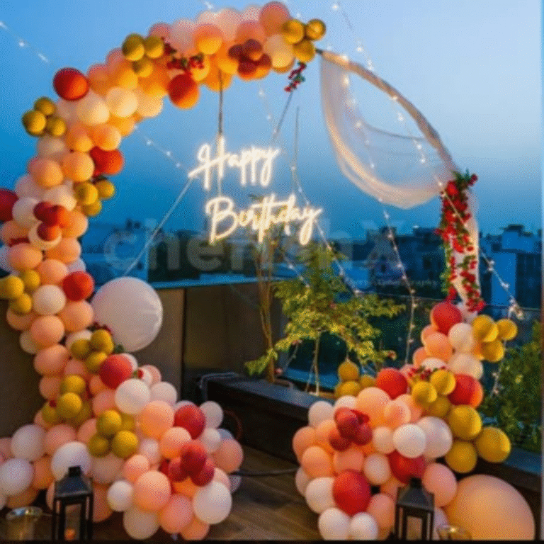 Multi-Colour Balloon Ring Decoration with Happy Birthday Neon