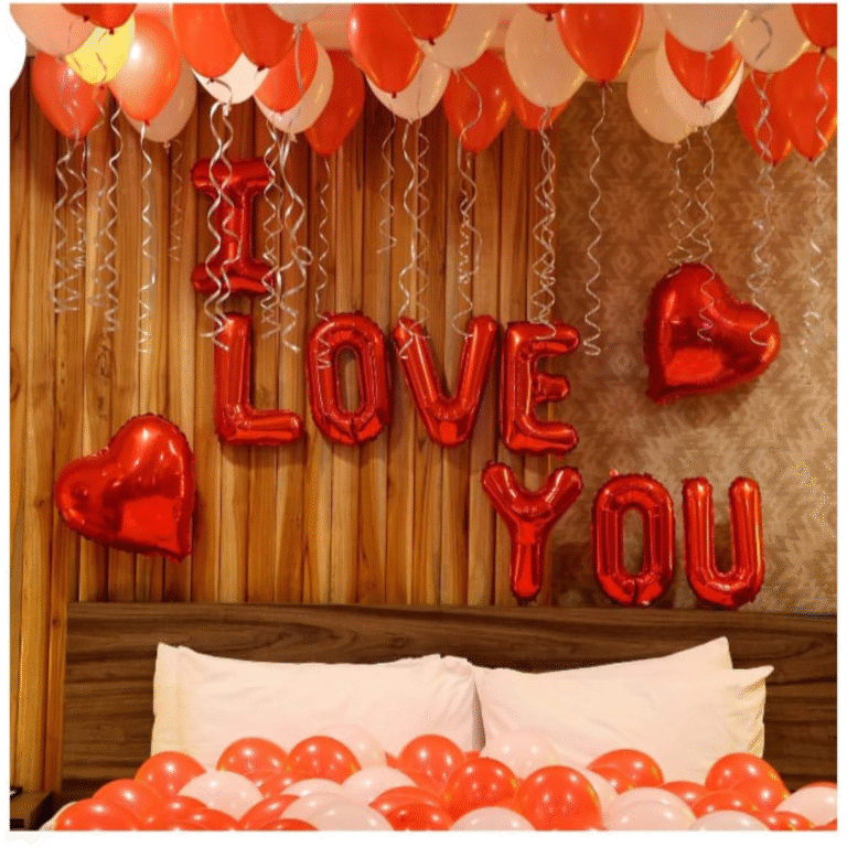 “I Love You” Romantic Room Decoration with Heart Foils & Ceiling Balloons