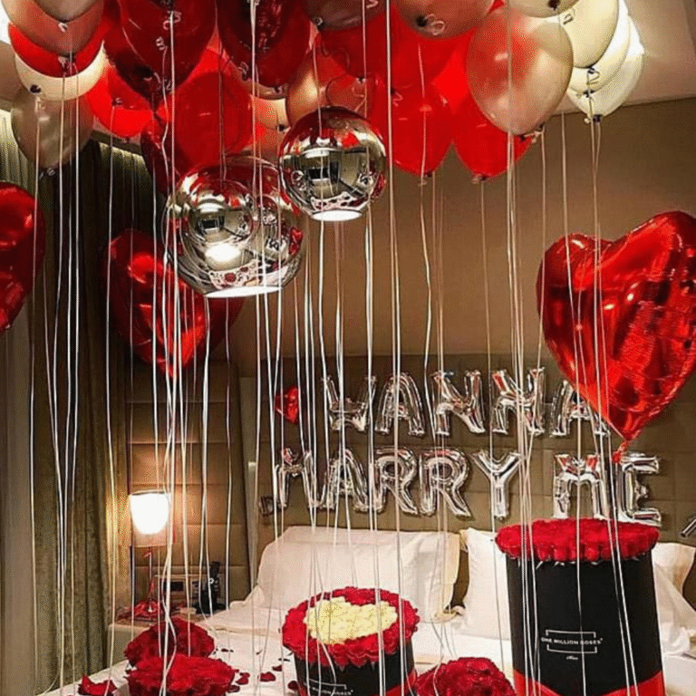 “Wanna Marry Me” Proposal Room Decoration with Balloons & Rose Petals