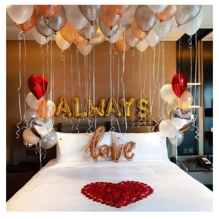 Luxury Romantic Room Decoration with Metallic Balloons, Love Foil & Rose Petals