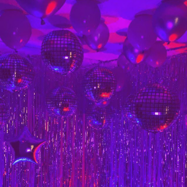 Disco Theme Balloon Decoration with Silver Curtains & Lights