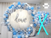 Pastel Blue & White Ring Decoration with Love Foil Backdrop