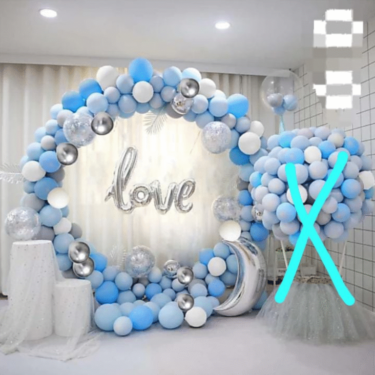 Pastel Blue & White Ring Decoration with Love Foil Backdrop