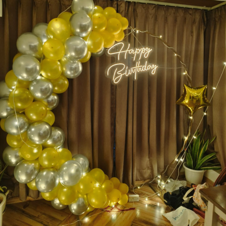 Half Ring Birthday Decoration with Chrome Balloons & Neon Sign