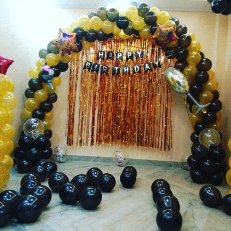 Golden & Black Arch Style Birthday Decoration with Foils & Curtains