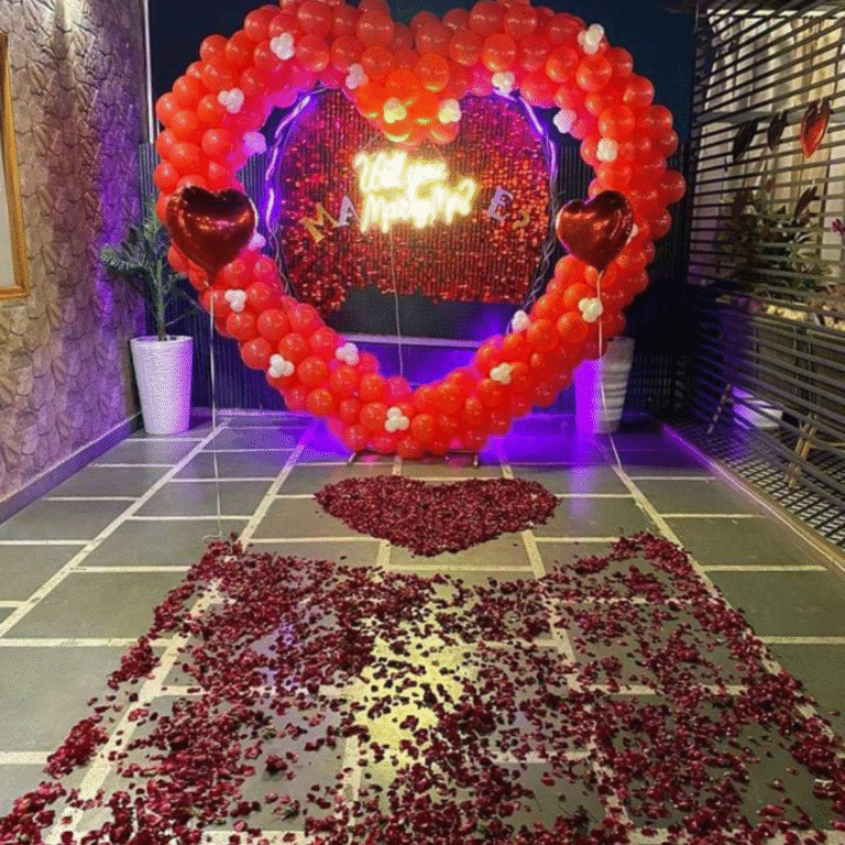 Heart Arch Proposal Decoration with Rose Petals & Neon Sign