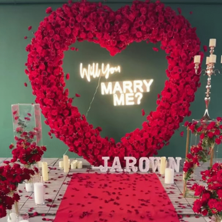 Luxury “Will You Marry Me” Proposal Setup with Rose Heart Backdrop