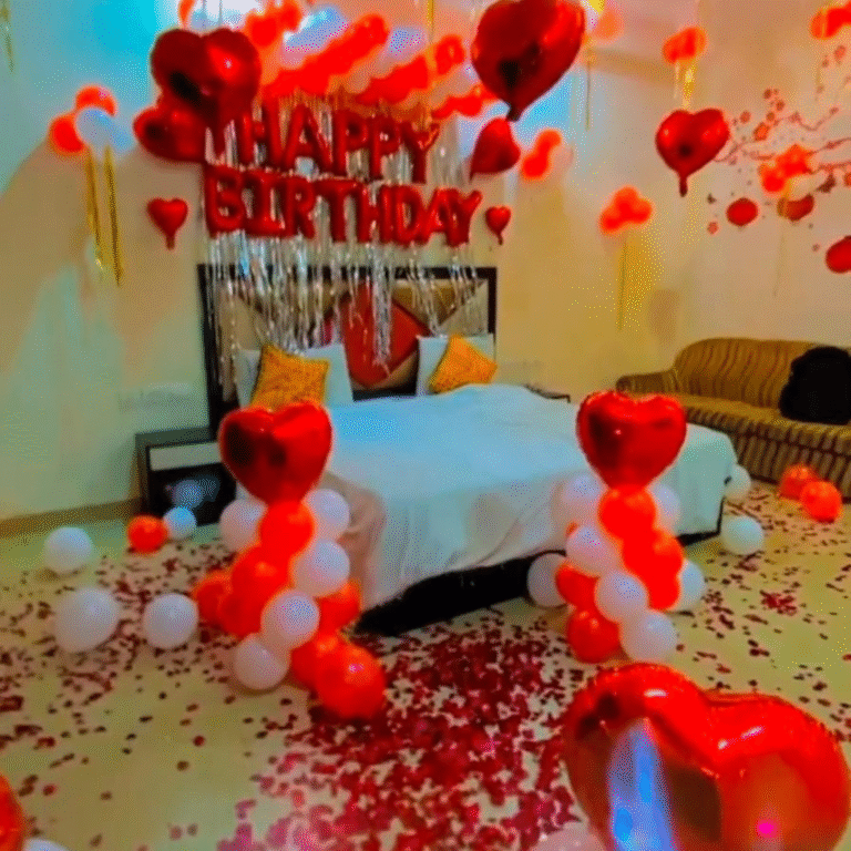 Romantic Birthday Room Decoration with Balloons, Hearts & Rose Petals