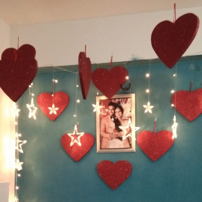 Romantic Wall Decoration with Heart Hangings & Fairy Lights
