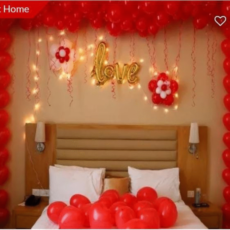 Romantic Bedside Balloon Decoration with Golden Love Foil & Lights