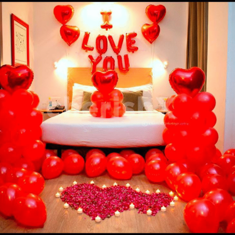 Romantic “I Love You” Room Decoration with Balloons, Candles & Rose Petals