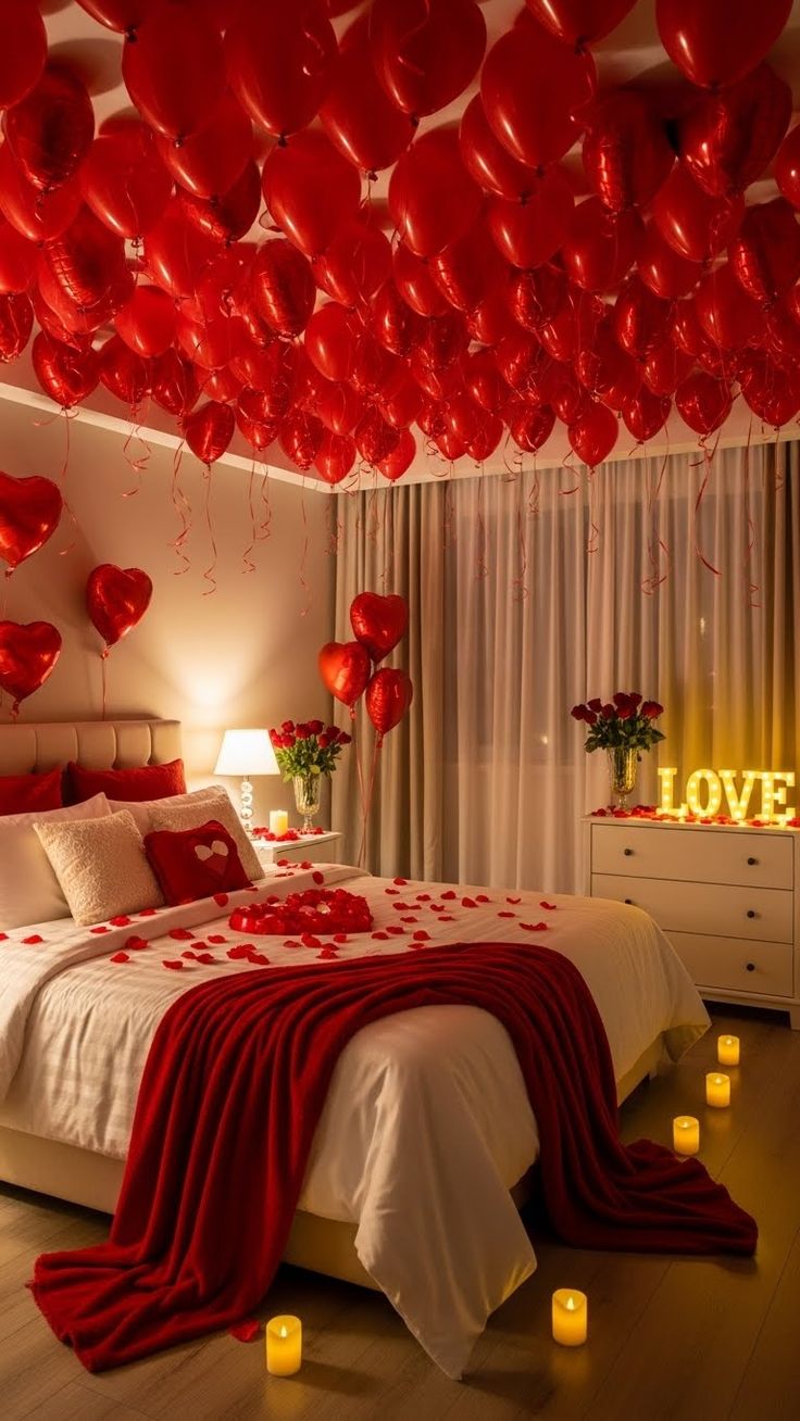 Luxury Red Heart Balloon & Rose Petal Romantic Room Decoration