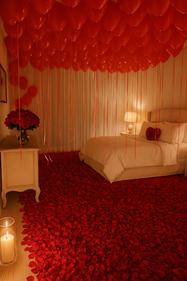 Luxury Rose Petal Floor & Red Balloon Ceiling Room Decoration