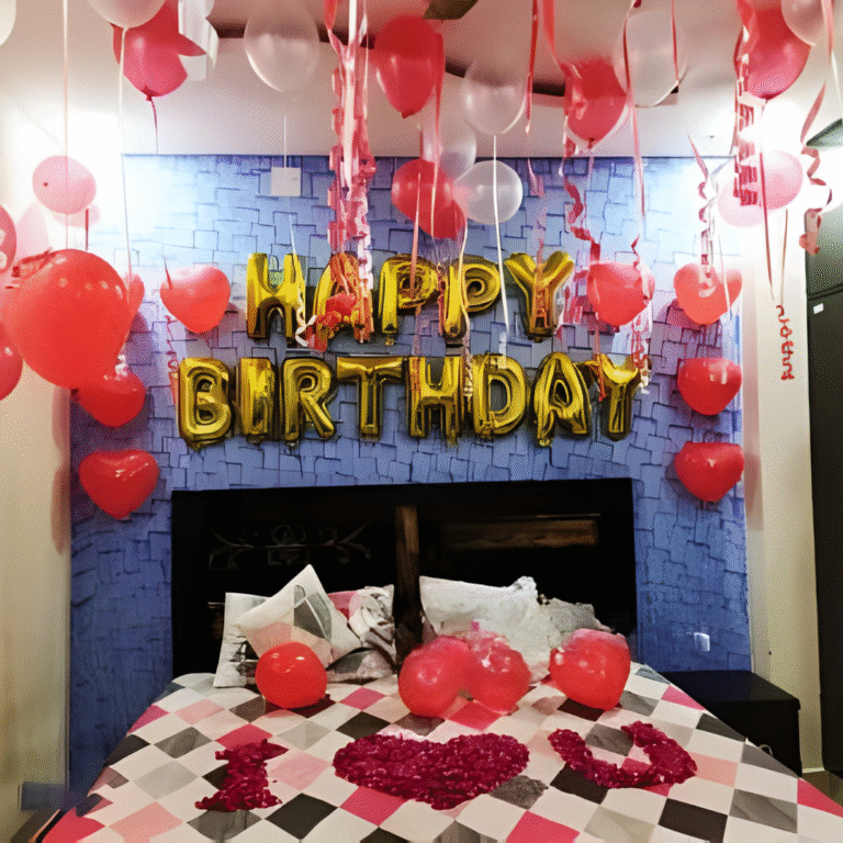 Birthday Red & White Balloon Decoration with Golden Foil Banner