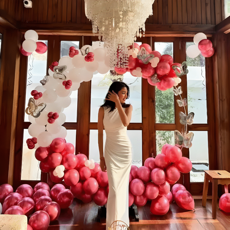 Romantic Ring Decoration with Burgundy & White Balloons