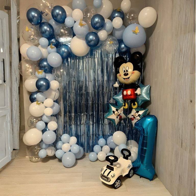 1st Birthday Boy Mickey Theme Decoration with Blue Foil Curtain