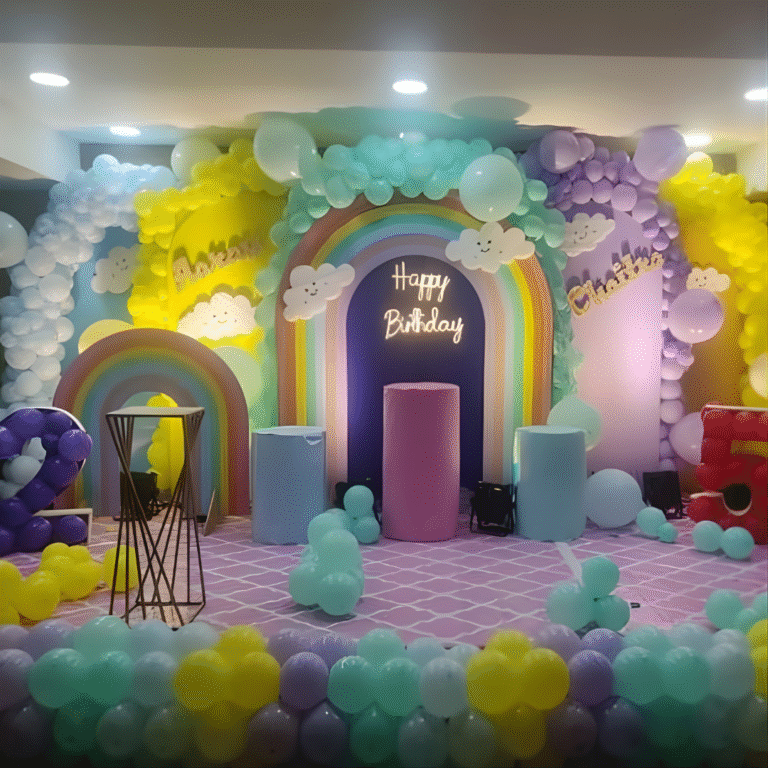 1st Birthday Rainbow Theme Decoration with Pastel Balloon Setup