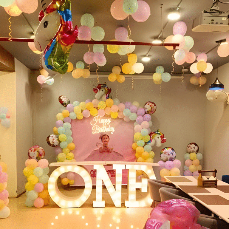1st Birthday Boy Unicorn Theme Decoration with Balloon Setup