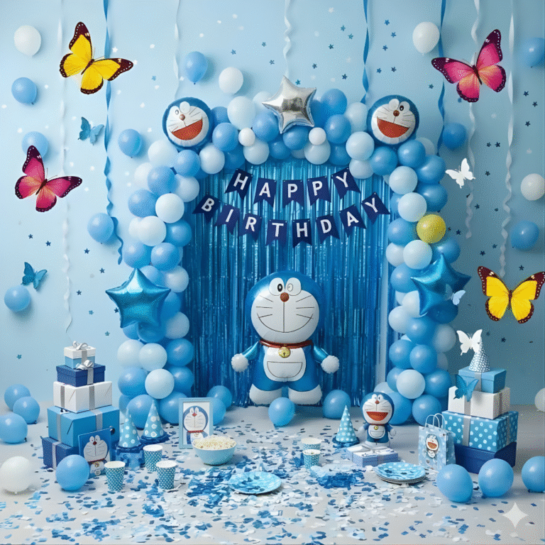 1st Birthday Boy Doraemon Theme Decoration with Balloon Arch