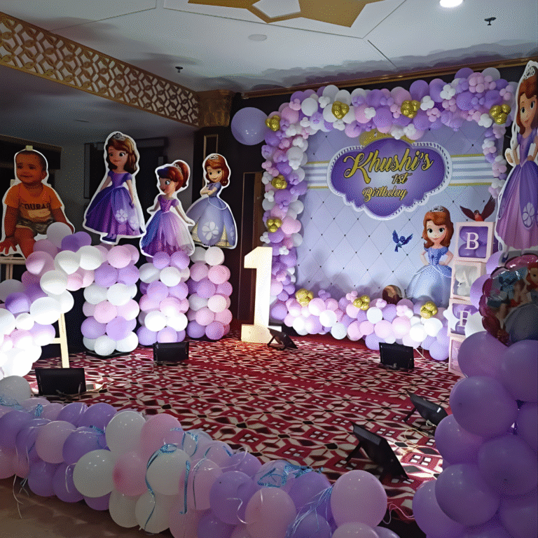 1st Birthday Boy Sofia Theme Decoration with Balloon Pillars