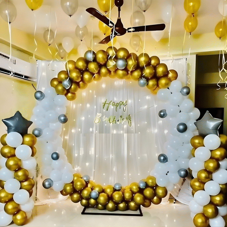 1st Birthday Boy White & Golden Ring Decoration with Curtain Backdrop