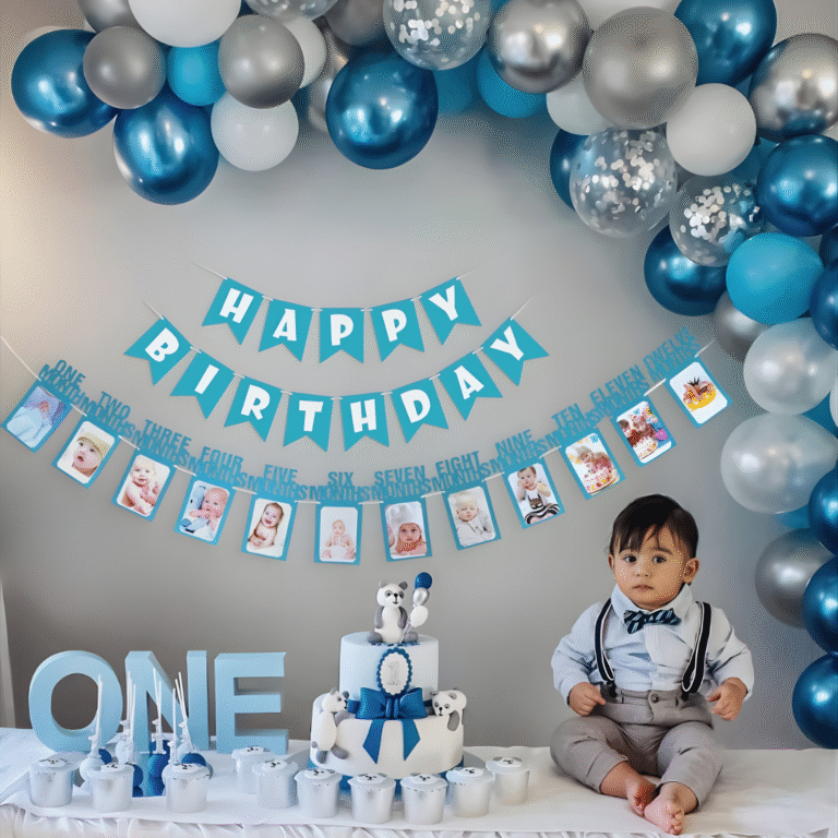 1st Birthday Boy Blue, White & Grey Arch Decoration with Photo Banner