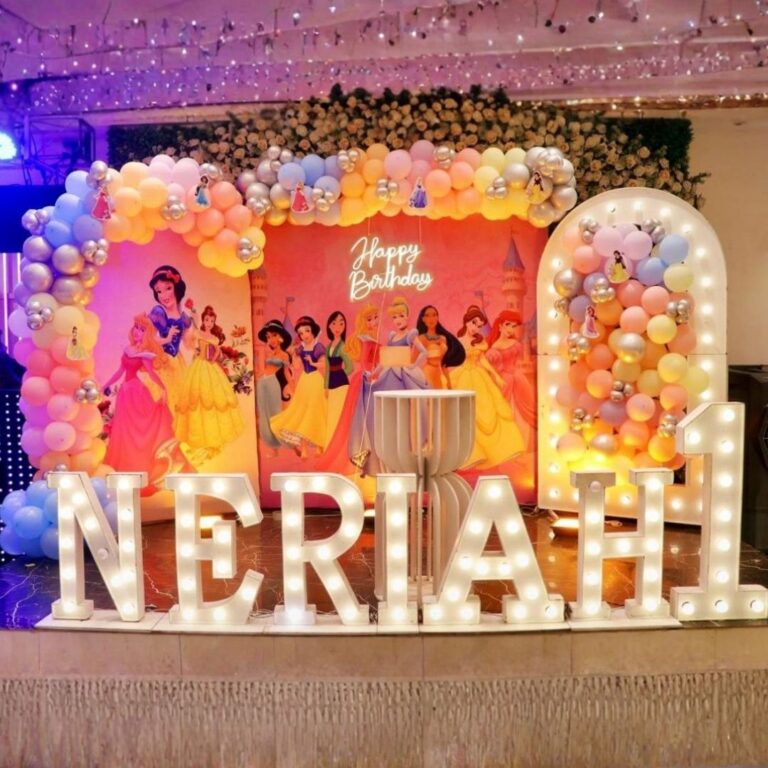 1st Birthday Boy Stage Decoration with Flex Backdrop & LED Name Letters