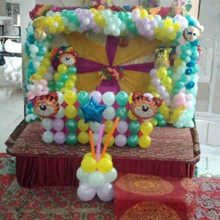 Colorful Birthday Stage Decoration with Balloon Pillars