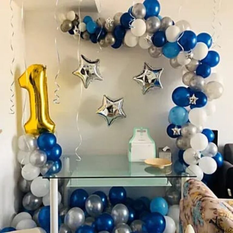 Birthday Corner Decoration with Blue, White & Silver Balloons