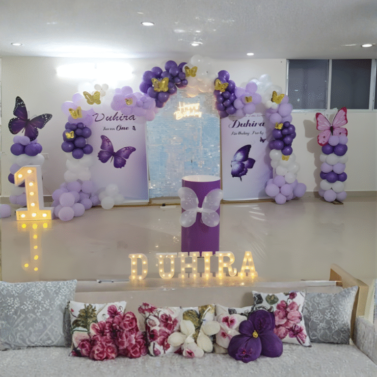 1st Birthday Boy Purple Butterfly Theme Decoration with Shimmer Backdrop