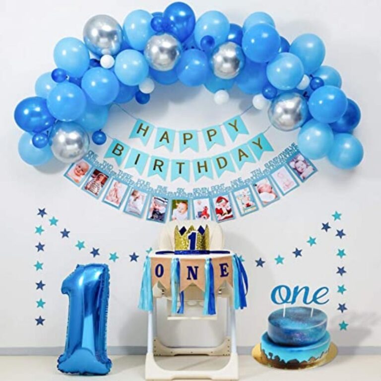 1st Birthday Boy Blue Moon Arch Decoration with 12-Month Photo Banner