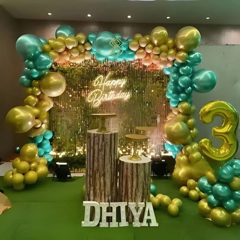 1st Birthday Boy Golden Shimmer Panel Decoration with Balloon Setup