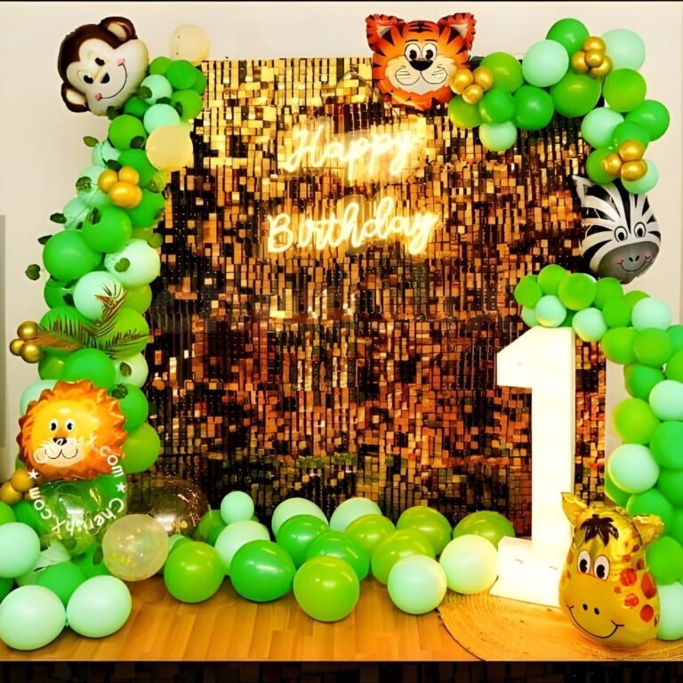 1st Birthday Boy Animal Theme Decoration with Golden Shimmer Panel
