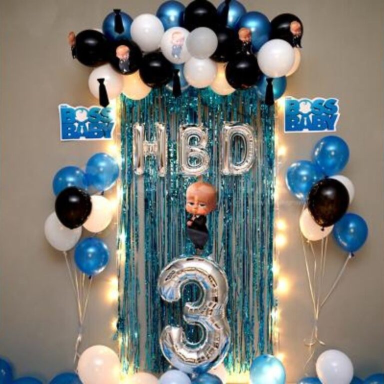 Birthday Balloon Decoration with Blue Foil Curtain & Age Number