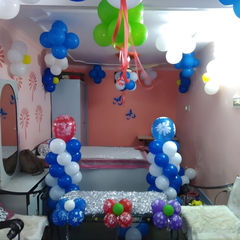 Birthday Room Decoration with Table Setup and Balloon Pillars